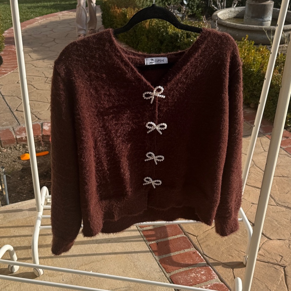 Cupshe Rich Brown Cardigan with Bow Accents